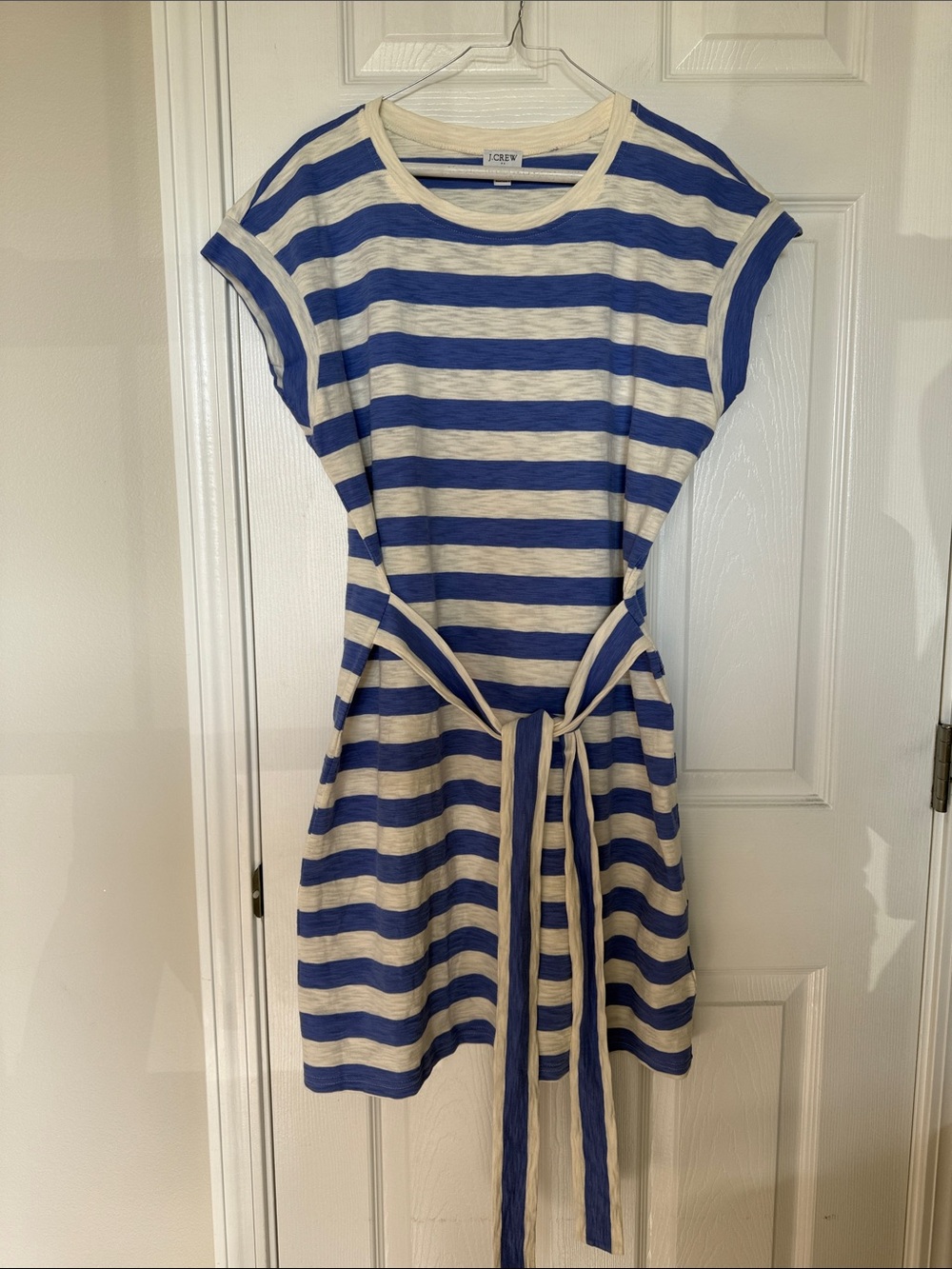 J. Crew Periwinkle Blue/Cream Striped Tie-Waist Slub Knit Cotton Dress Sz L NWT